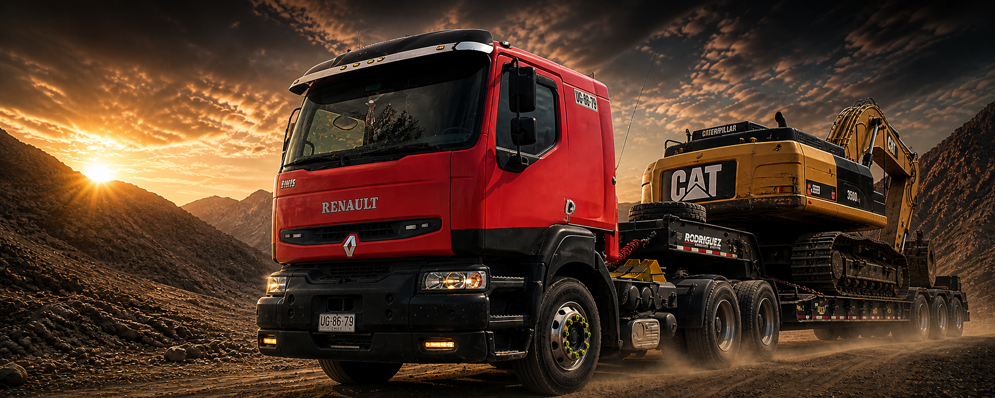 Camion rojo transportando excavadora